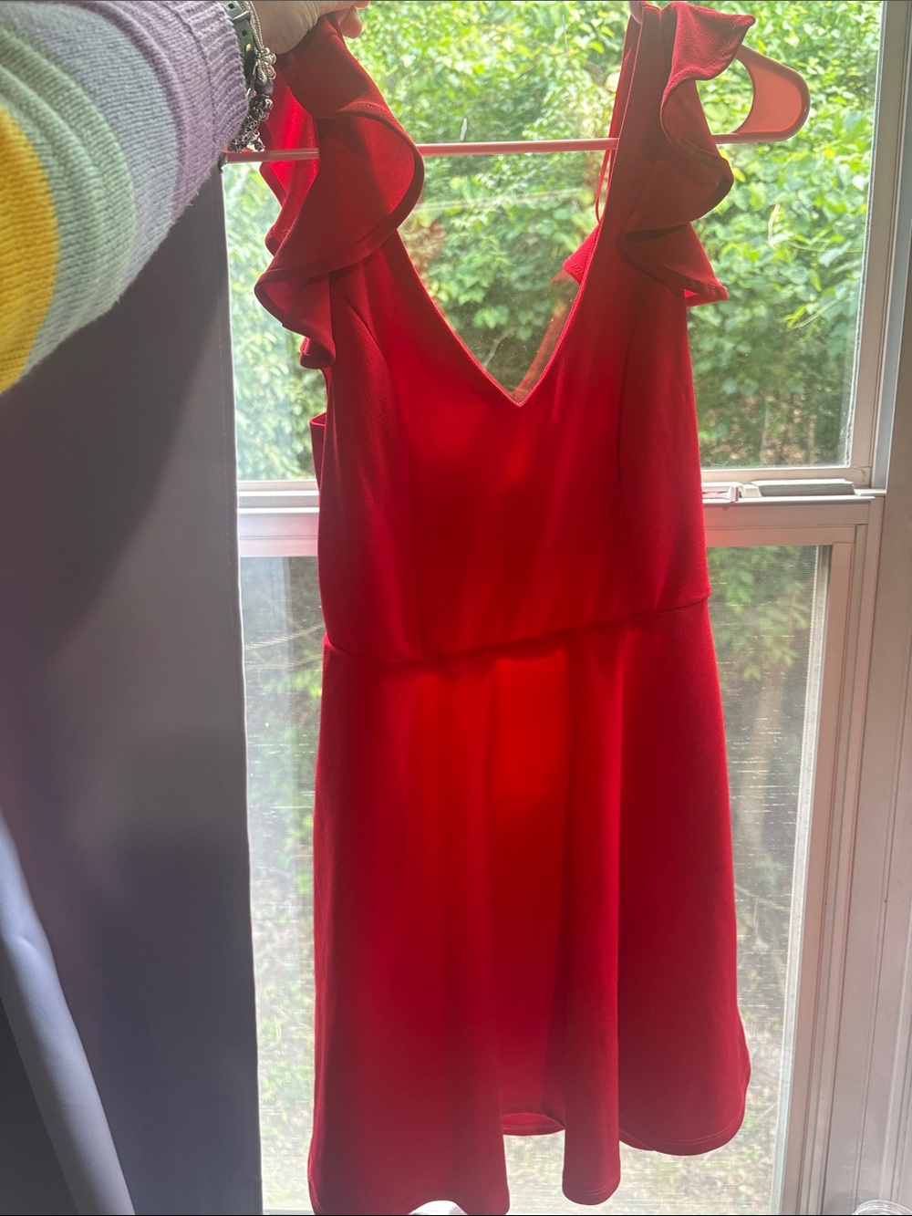 Altar'd State Red Ruffle-Shoulder V-Neck Mini Dress